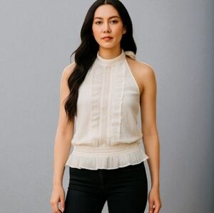 Point Halter Top with Lace and Ruffle Details